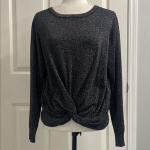 Molly Bracken Black Knit Top Silver Sparkle Twist Front Crew Neck Long Sleeve